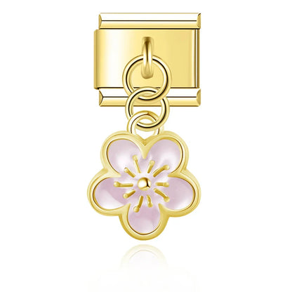 Pink flower dangle gold Italian charm, by Charmtastic