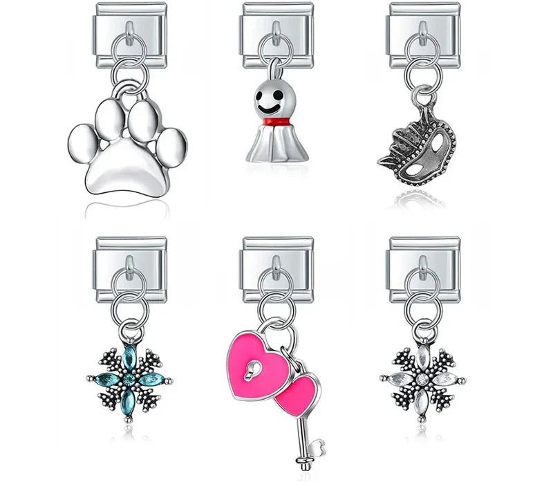 Pink Heart Key Flower Mask silver charms – paw print, mask, snowflake, and heart key dangle charms in silver, Italian charm bracelet charms by Charmtastic
