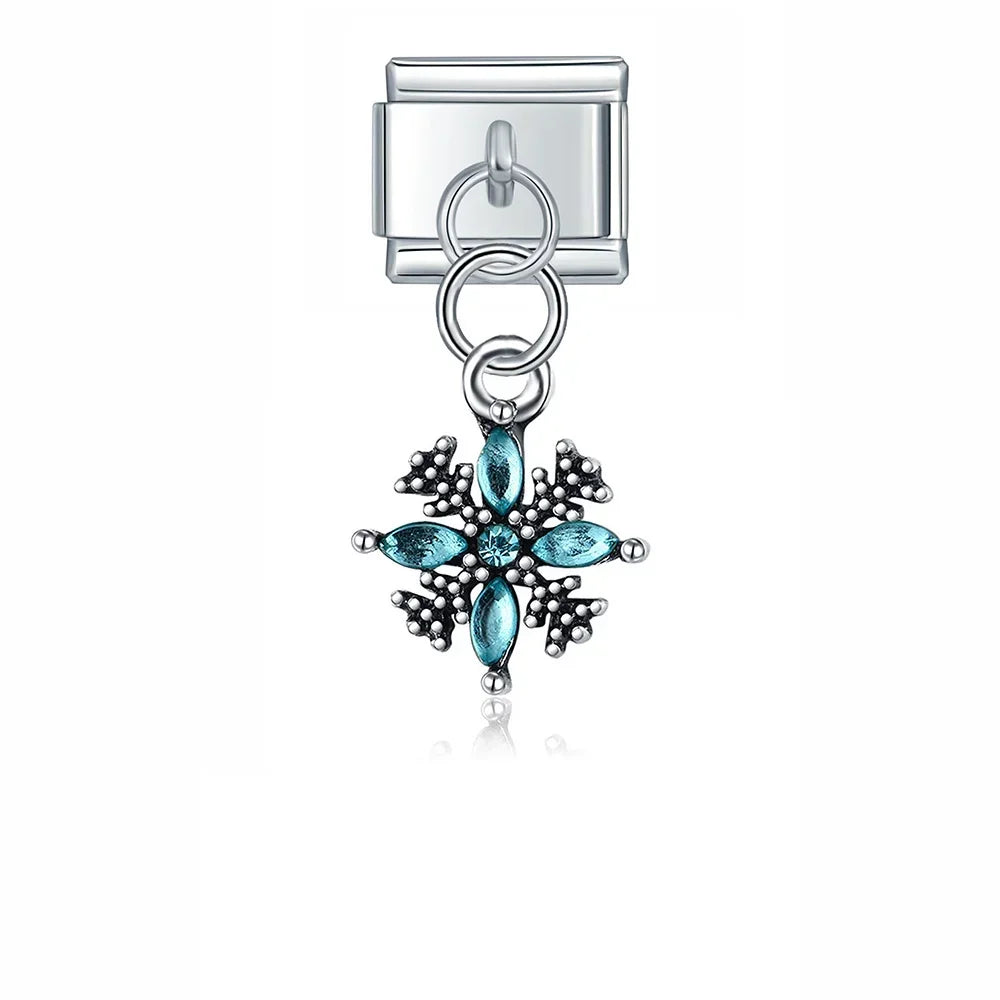 Pink Heart Key Flower Mask silver charms – silver snowflake dangle charm with teal crystals, Italian charm bracelet charm by Charmtastic