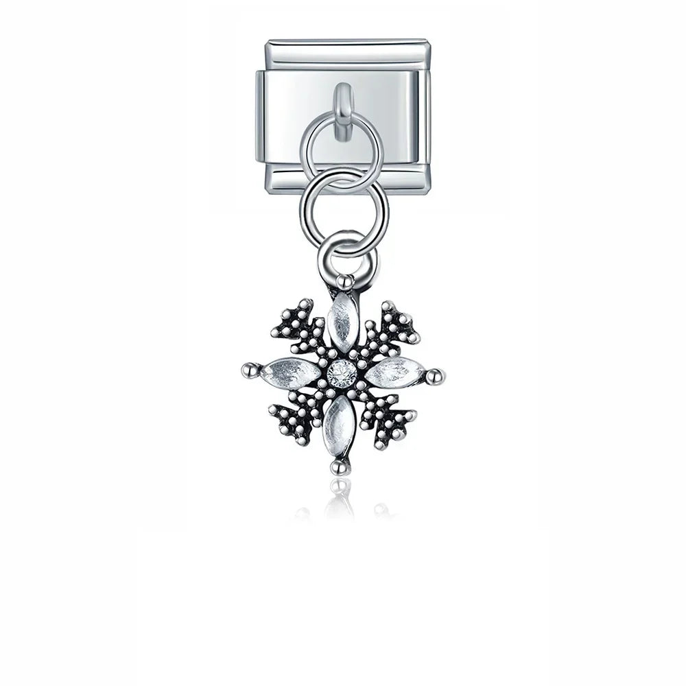 Pink Heart Key Flower Mask silver charms – silver snowflake dangle charm with clear crystals, Italian charm bracelet charm by Charmtastic