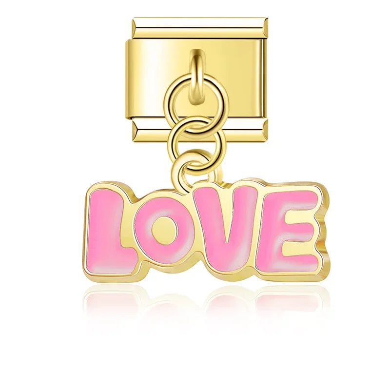 Pink LOVE text gold Italian charm, by Charmtastic