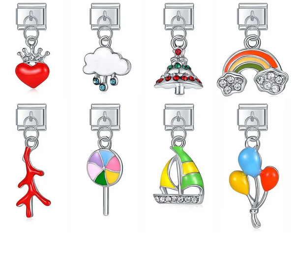 A collection of 9mm silver Italian charms featuring playful dangles including a crowned heart, raincloud, tree, rainbow, coral, lollipop, sailboat, and balloons.