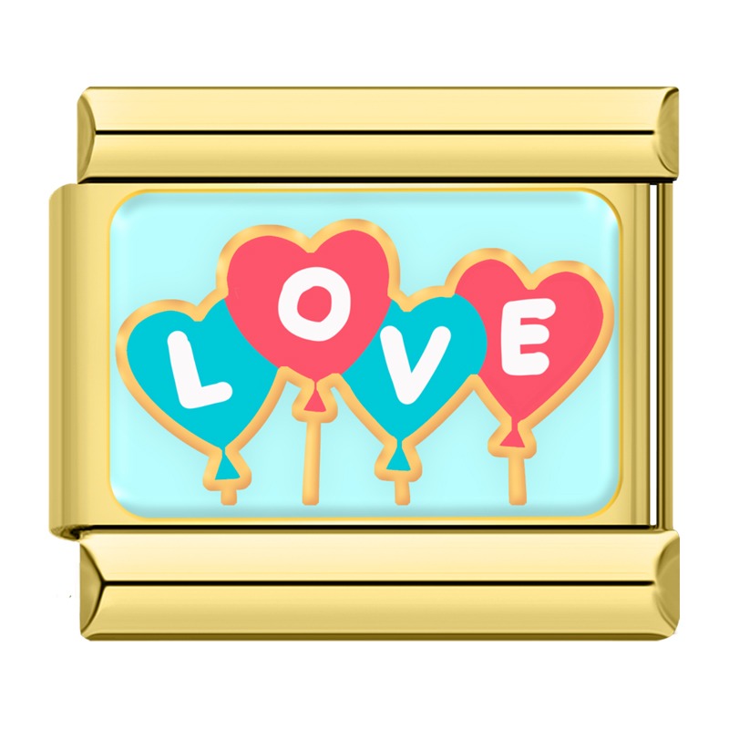 Playful Valentine's Love Italian Charms – LOVE spelled in pink and teal heart-shaped balloons enamel charm, Italian charm bracelet charm by Charmtastic