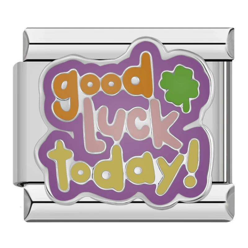 Positive Vibes & Daily Quotes Italian Charms – Good Luck Today text with green four-leaf clover on purple background enamel charm, Italian charm bracelet charm by Charmtastic