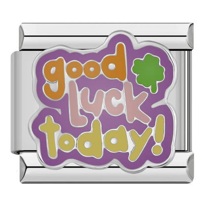 Positive Vibes & Daily Quotes Italian Charms – Good Luck Today text with green four-leaf clover on purple background enamel charm, Italian charm bracelet charm by Charmtastic