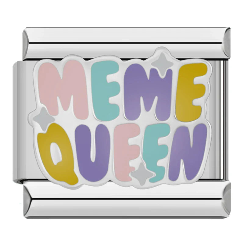 Positive Vibes & Daily Quotes Italian Charms – Meme Queen text in pink, teal, purple and yellow enamel charm, Italian charm bracelet charm by Charmtastic