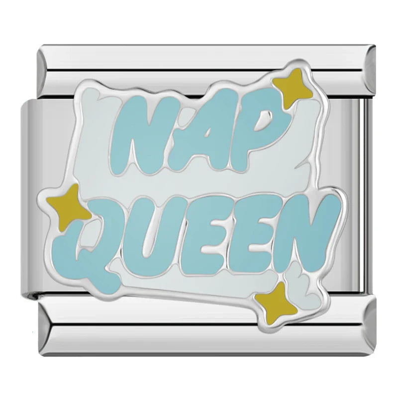Positive Vibes & Daily Quotes Italian Charms – Nap Queen text in light blue with gold stars enamel charm, Italian charm bracelet charm by Charmtastic