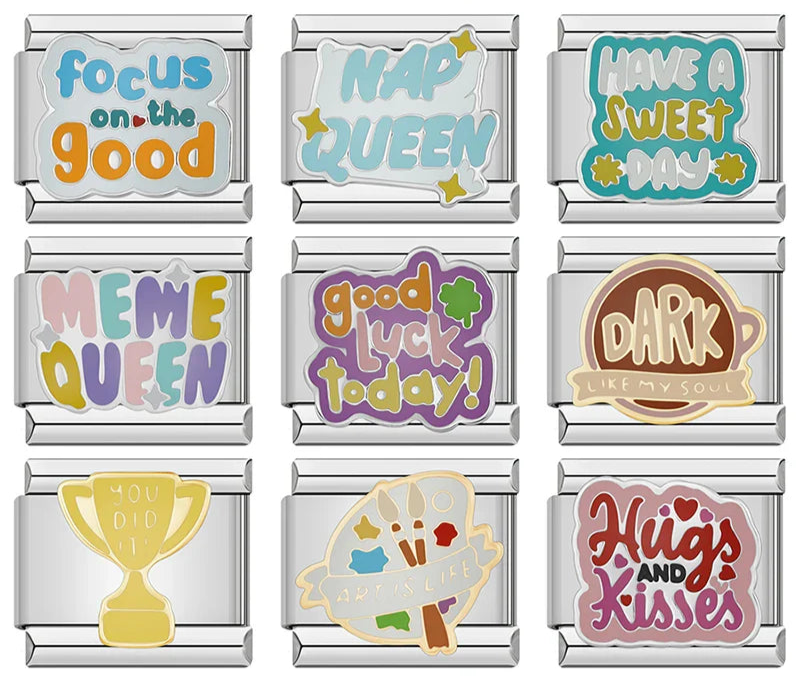 Positive Vibes & Daily Quotes Italian Charms – overview of 9 word charms: Focus On The Good, Nap Queen, Have A Sweet Day, Meme Queen, Good Luck Today, Dark Like My Soul coffee cup, You Did It trophy, Art Is Life palette, and Hugs And Kisses, Italian charm bracelet charms by Charmtastic