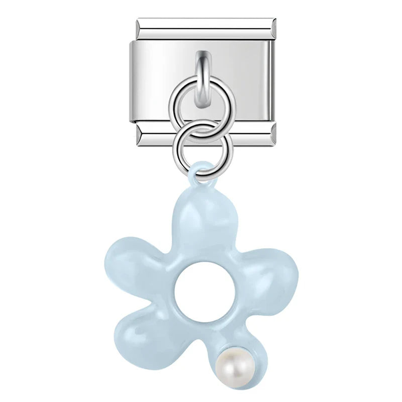 Light blue puffed enamel flower dangle with pearl — Italian charm, by Charmtastic