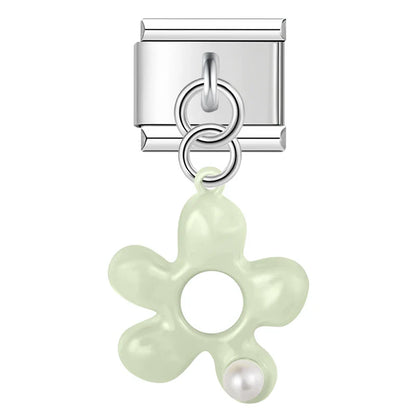 Mint puffed enamel flower dangle with pearl — Italian charm, by Charmtastic