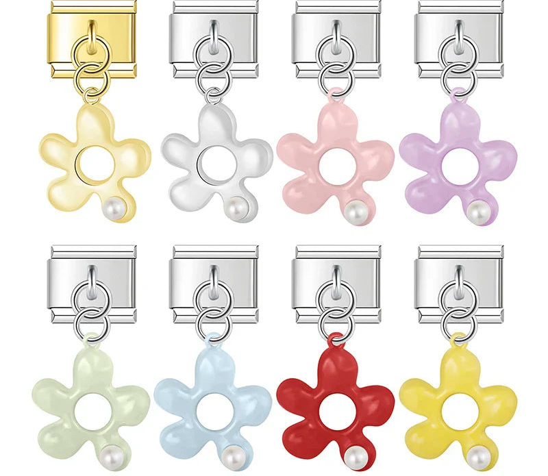 Puffed enamel flower dangle Italian charms collection with pearl accents, by Charmtastic