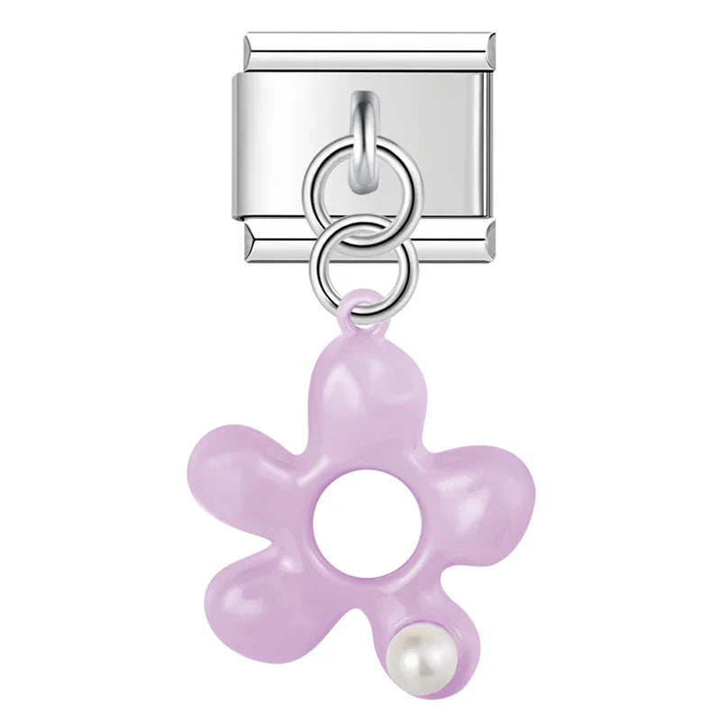 Purple puffed enamel flower dangle with pearl — Italian charm, by Charmtastic