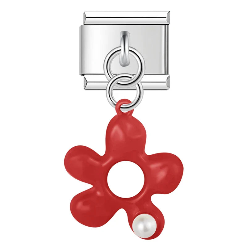 Red puffed enamel flower dangle with pearl — Italian charm, by Charmtastic