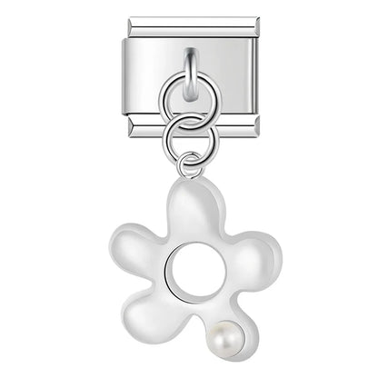 White puffed enamel flower dangle with pearl — Italian charm, by Charmtastic