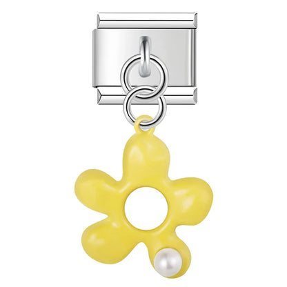 Yellow puffed enamel flower dangle with pearl — Italian charm, by Charmtastic