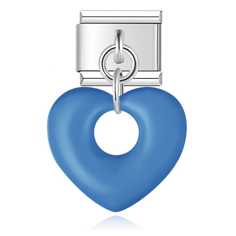 Blue puffed hollow heart dangle Italian charm, by Charmtastic