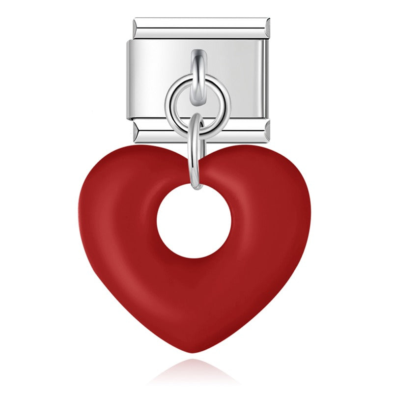 Burgundy puffed hollow heart dangle Italian charm, by Charmtastic