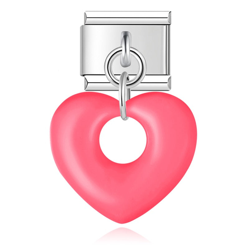Coral puffed hollow heart dangle Italian charm, by Charmtastic
