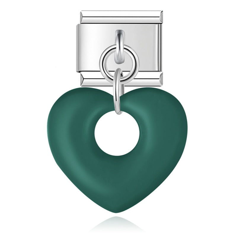 Emerald puffed hollow heart dangle Italian charm, by Charmtastic