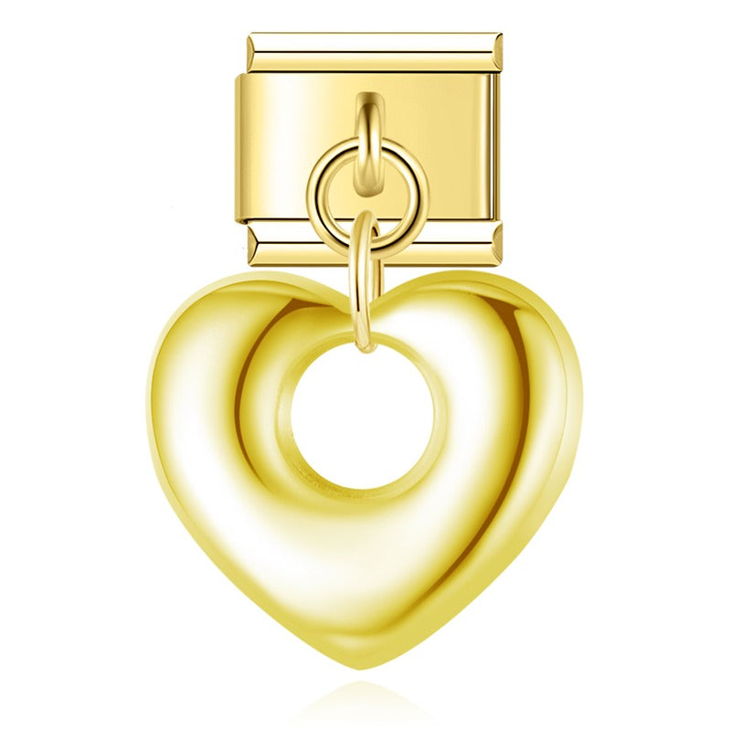 Gold puffed hollow heart dangle Italian charm, by Charmtastic