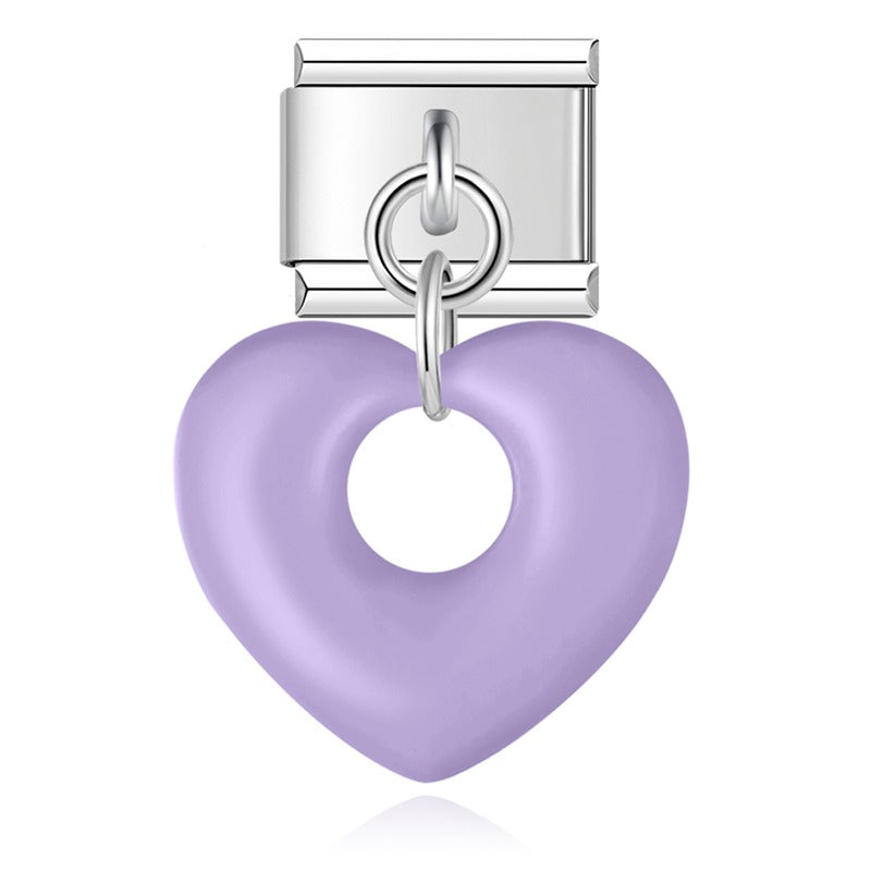 Lavender puffed hollow heart dangle Italian charm, by Charmtastic