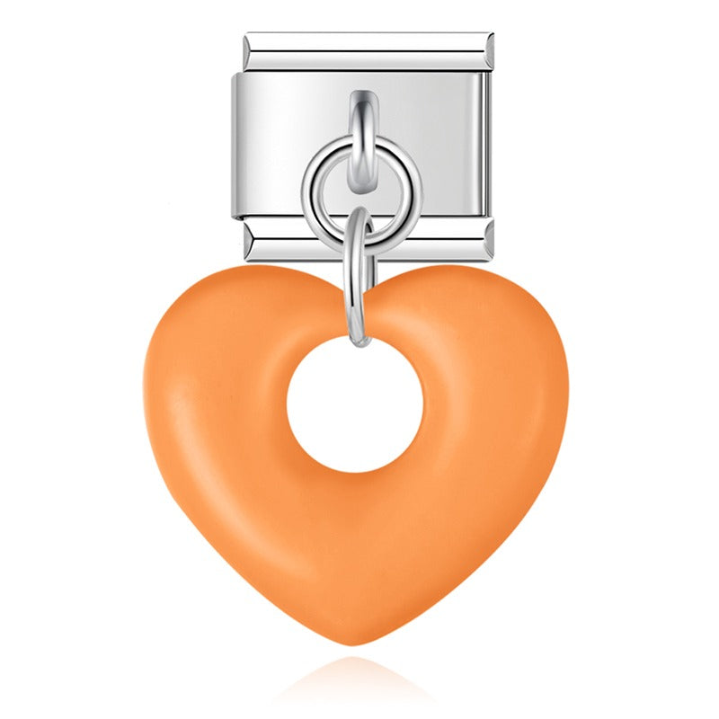 Orange puffed hollow heart dangle Italian charm, by Charmtastic