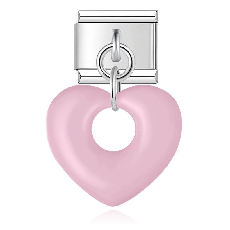 Pink puffed hollow heart dangle Italian charm, by Charmtastic
