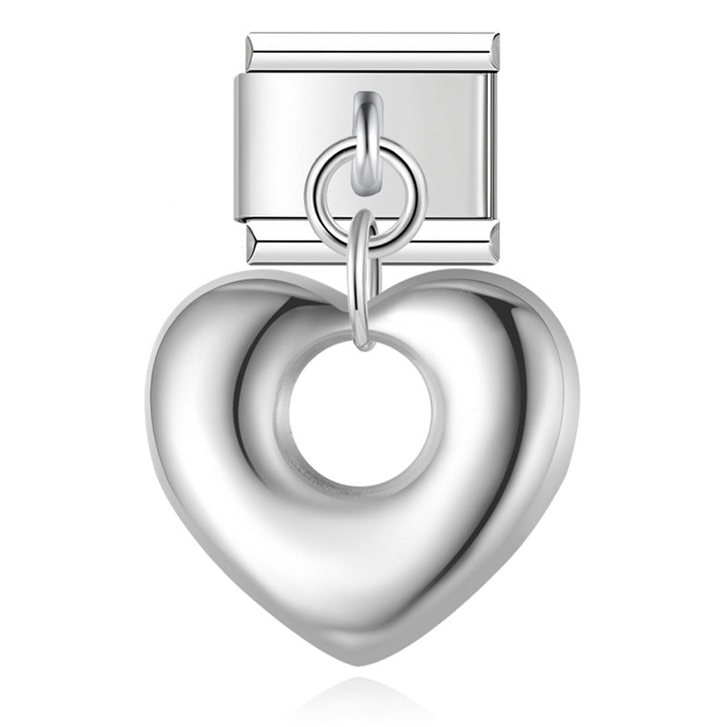 Puffed hollow heart dangle Italian charm detail — 9mm bracelet, by Charmtastic