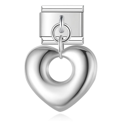 Puffed hollow heart dangle Italian charm detail — 9mm bracelet, by Charmtastic
