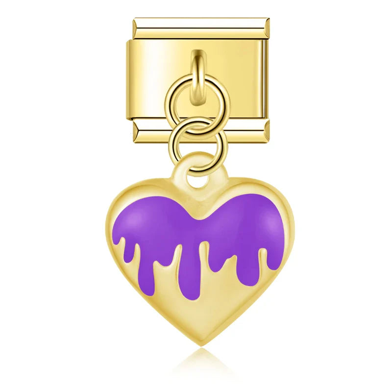 Purple drip heart dangle gold Italian charm, by Charmtastic