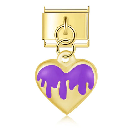 Purple drip heart dangle gold Italian charm, by Charmtastic