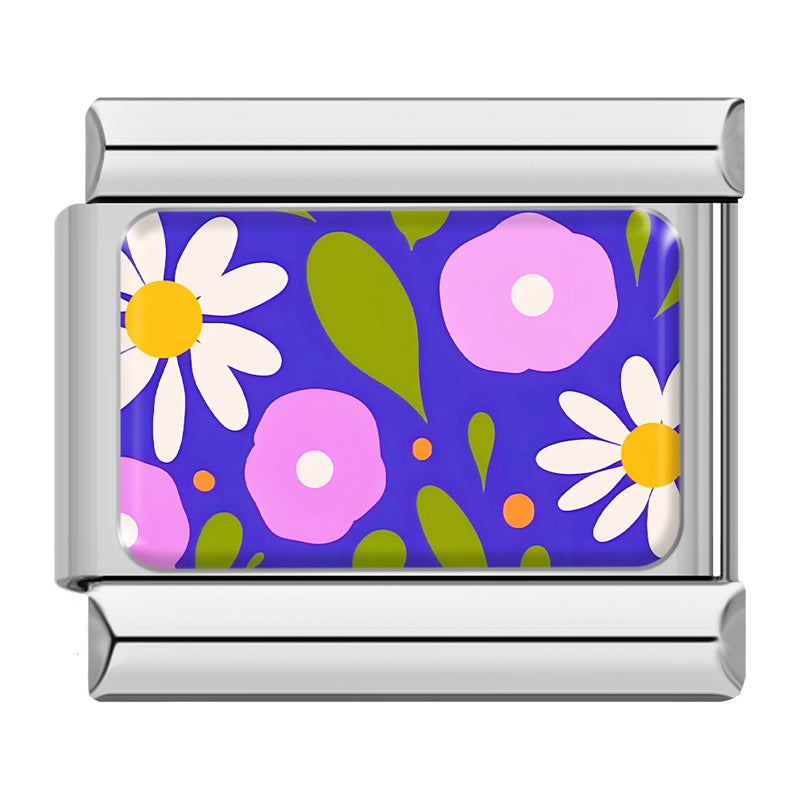 Purple flowers and white daisies pattern Italian charm bracelet charm, by Charmtastic