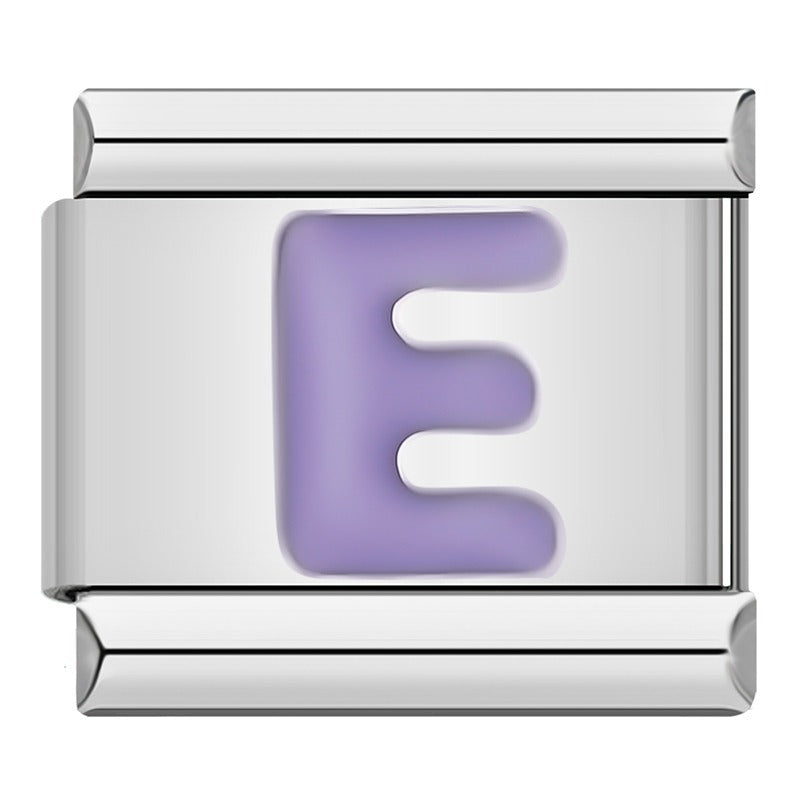 Purple Letters Charms – letter E in purple enamel on silver background charm, Italian charm bracelet charm by Charmtastic