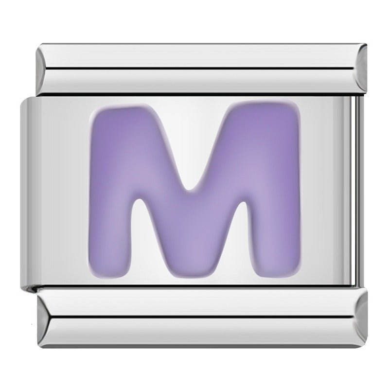 Purple Letters Charms – letter M in purple enamel on silver background charm, Italian charm bracelet charm by Charmtastic