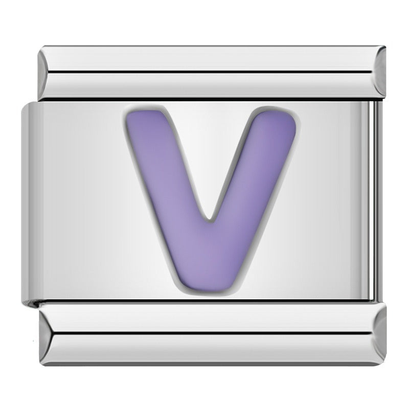 Purple Letters Charms – letter V in purple enamel on silver background charm, Italian charm bracelet charm by Charmtastic