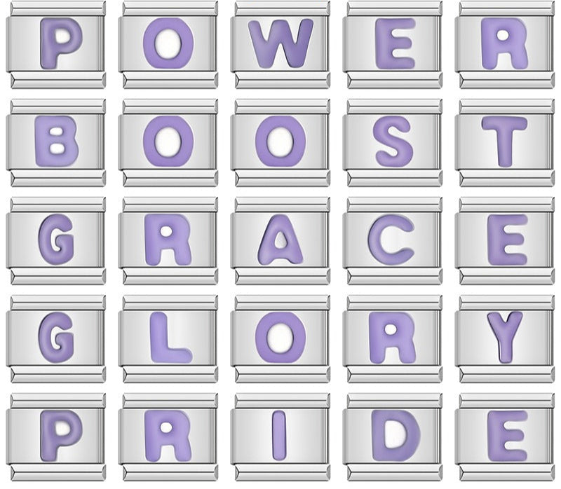 Purple Letters Charms – overview of purple enamel letter charms spelling Power, Boost, Grace, Glory, and Pride on silver background, Italian charm bracelet charms by Charmtastic