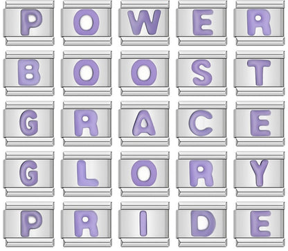 Purple Letters Charms – overview of purple enamel letter charms spelling Power, Boost, Grace, Glory, and Pride on silver background, Italian charm bracelet charms by Charmtastic