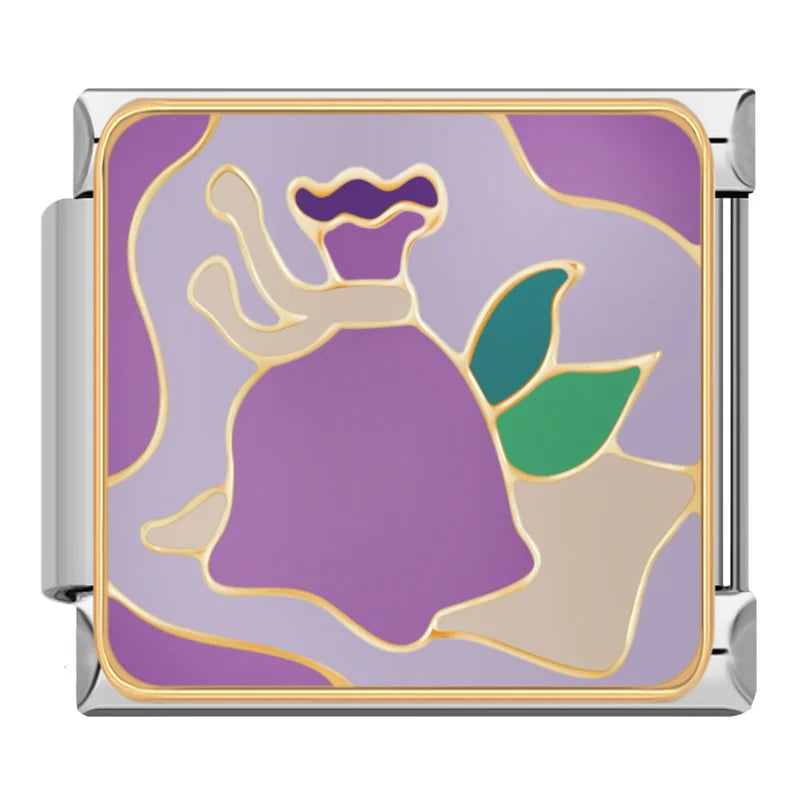 Purple Mystical & Witchy Aesthetic Italian Charms – tied herb pouch with green leaves on purple background enamel charm, Italian charm bracelet charm by Charmtastic