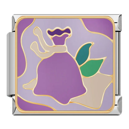 Purple Mystical & Witchy Aesthetic Italian Charms – tied herb pouch with green leaves on purple background enamel charm, Italian charm bracelet charm by Charmtastic