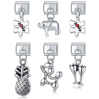 Elephant, poodle and love puzzle Italian charms, by Charmtastic