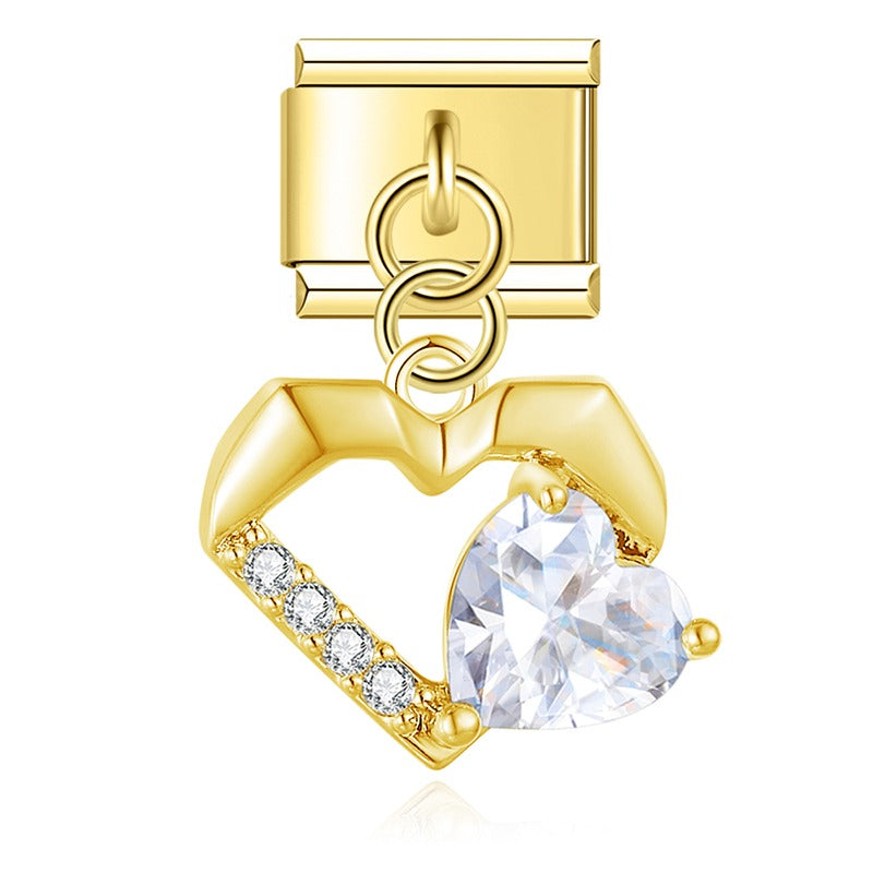 Radiant Crystal Celestial & Heart Dangle Charm – gold heart charm with CZ pave and heart-shaped stone, Italian charm bracelet charm by Charmtastic