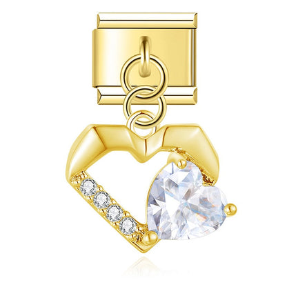 Radiant Crystal Celestial & Heart Dangle Charm – gold heart charm with CZ pave and heart-shaped stone, Italian charm bracelet charm by Charmtastic