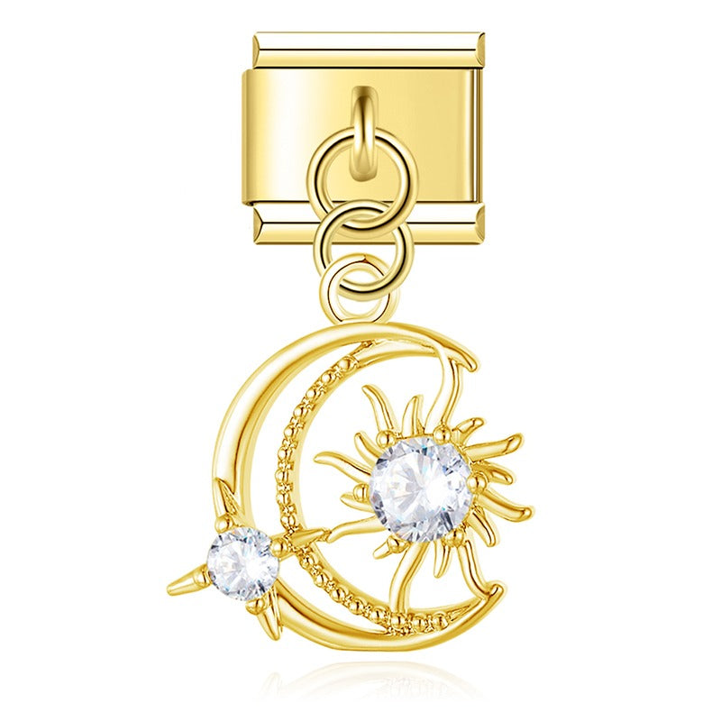 Radiant Crystal Celestial & Heart Dangle Charm – gold crescent moon and sun charm with CZ stones, Italian charm bracelet charm by Charmtastic