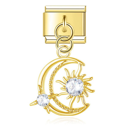 Radiant Crystal Celestial & Heart Dangle Charm – gold crescent moon and sun charm with CZ stones, Italian charm bracelet charm by Charmtastic