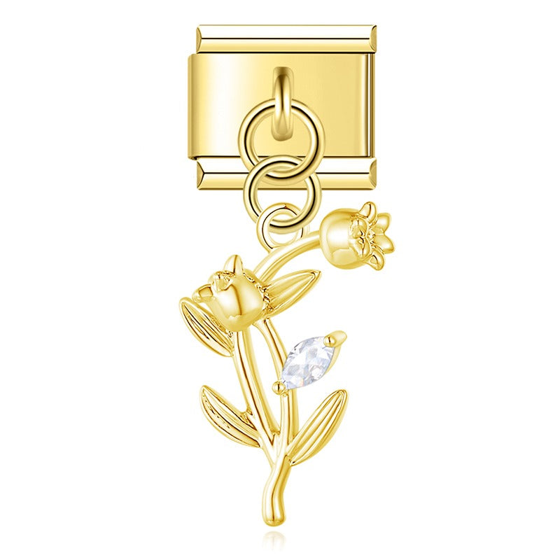Radiant Crystal Celestial & Heart Dangle Charm – gold tulip flower charm with CZ accent, Italian charm bracelet charm by Charmtastic