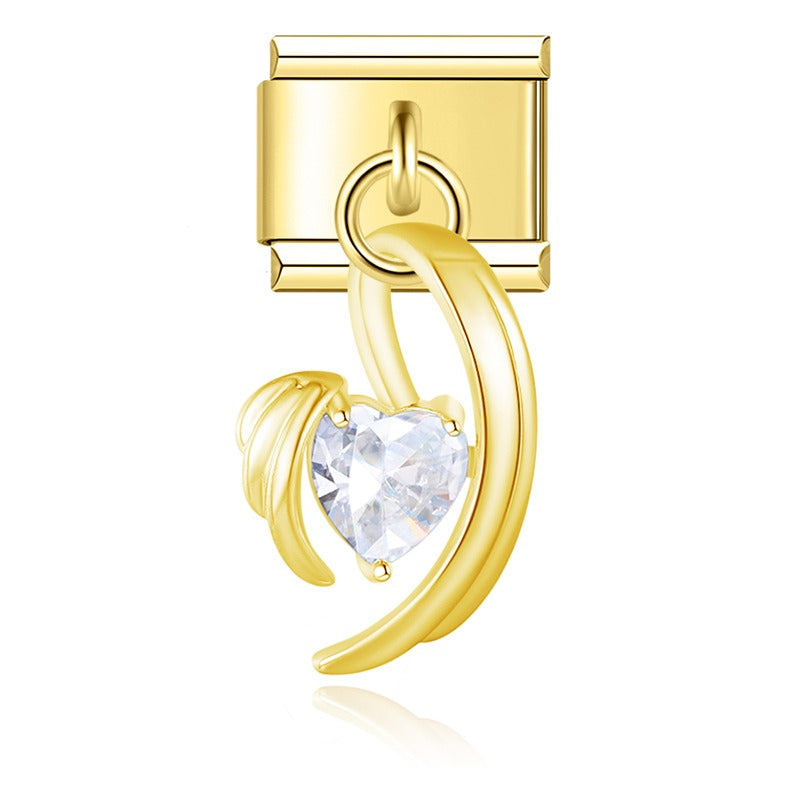 Radiant Crystal Celestial & Heart Dangle Charm – gold wing charm with heart-shaped CZ stone, Italian charm bracelet charm by Charmtastic