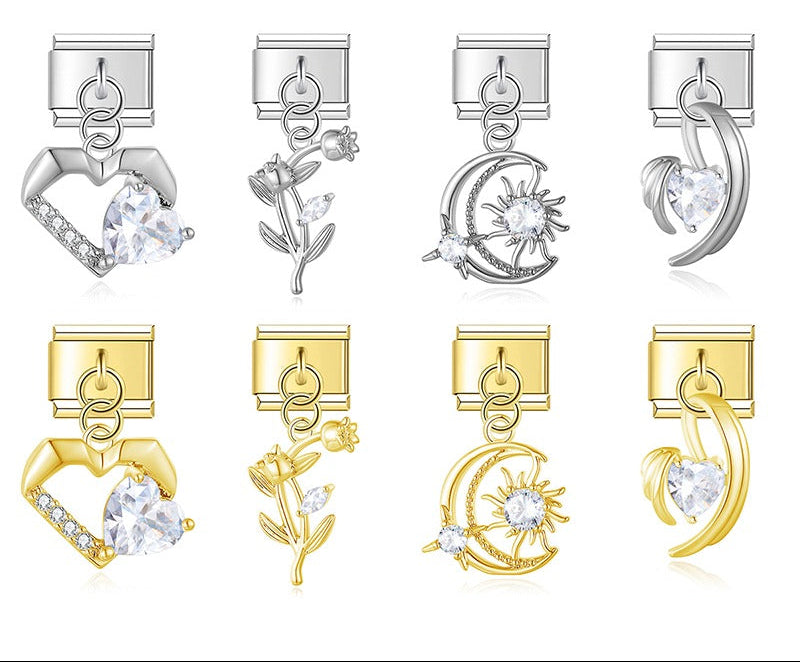 Radiant Crystal Celestial & Heart Dangle Charm – silver and gold CZ dangle charm set with heart, flower, moon-sun, and wing designs, Italian charm bracelet charms by Charmtastic