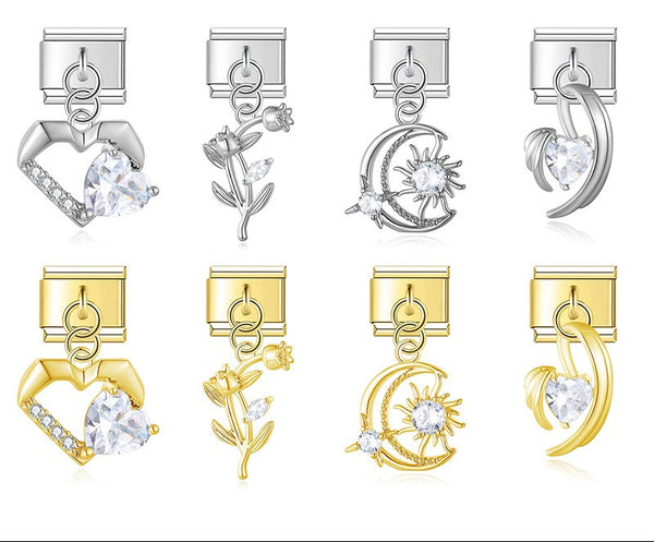 Radiant Crystal Celestial & Heart Dangle Charm – silver and gold CZ dangle charm set with heart, flower, moon-sun, and wing designs, Italian charm bracelet charms by Charmtastic