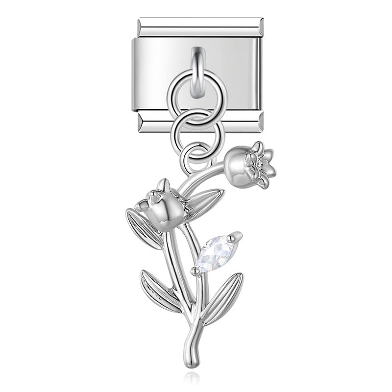 Radiant Crystal Celestial & Heart Dangle Charm – silver tulip flower charm with CZ accent, Italian charm bracelet charm by Charmtastic
