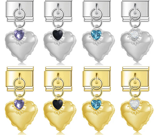A collection of 8 dangle Italian charms on silver and gold 9mm modular links featuring puffed metal hearts with a small starburst crystal detail in purple, black, blue, and clear - Charmtastic